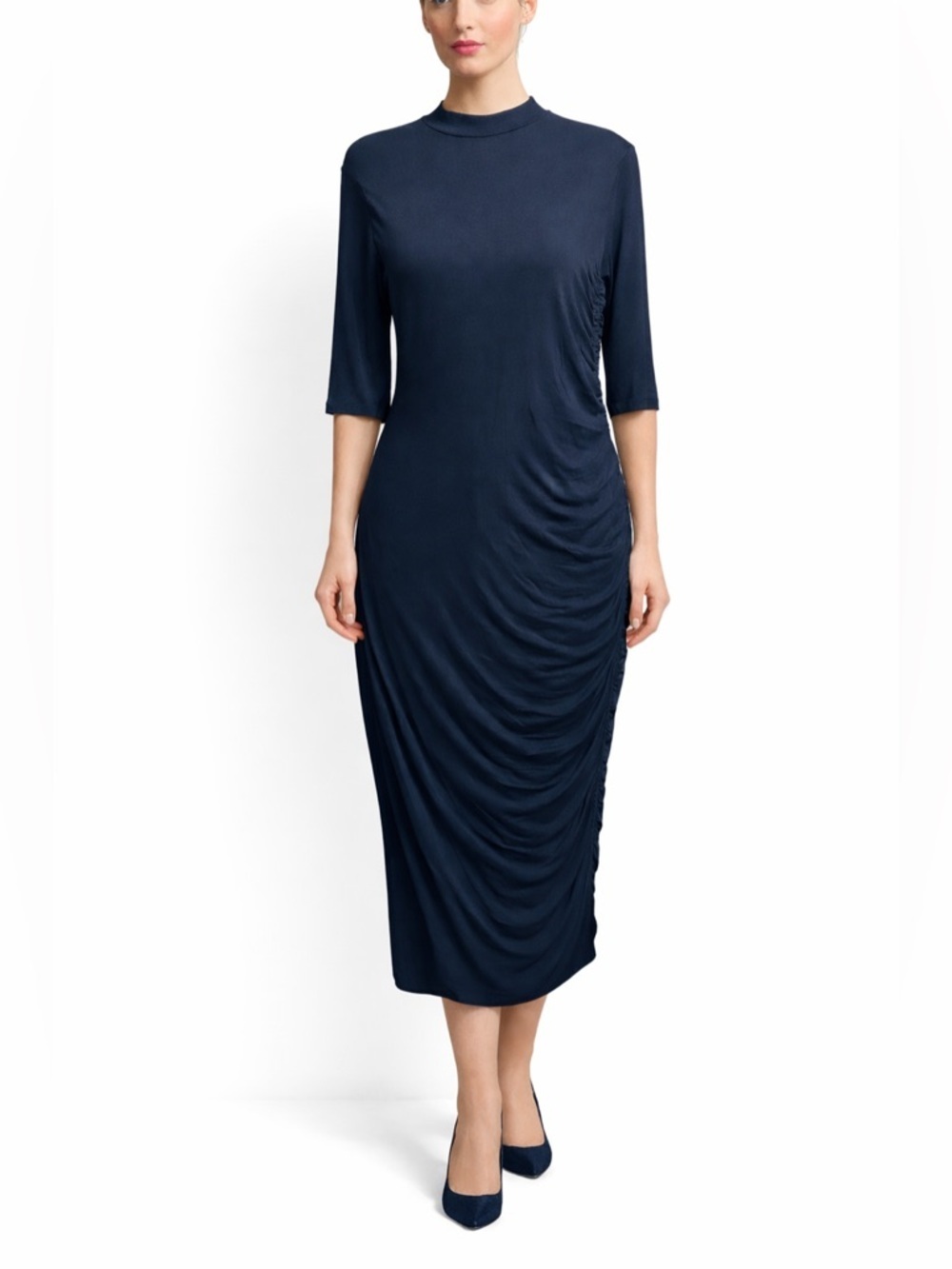 EUC Banana Republic SZS TALL navy blue bodycon midi dress w/ruching/bust 36”-38”